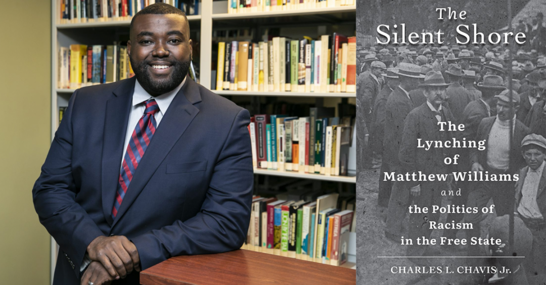 Headshot of Dr. Chavis next to the book cover of The Silent Shore