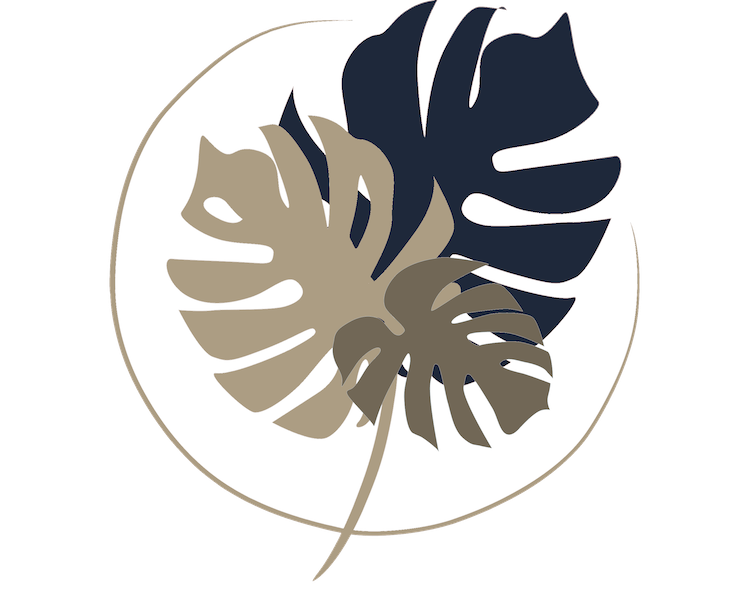 illustration of three monstera leaves, in khaki and navy tones